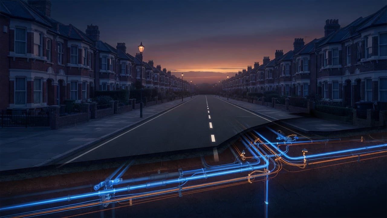 A quiet residential street at first light, the buried services glowing undisturbed beneath the road