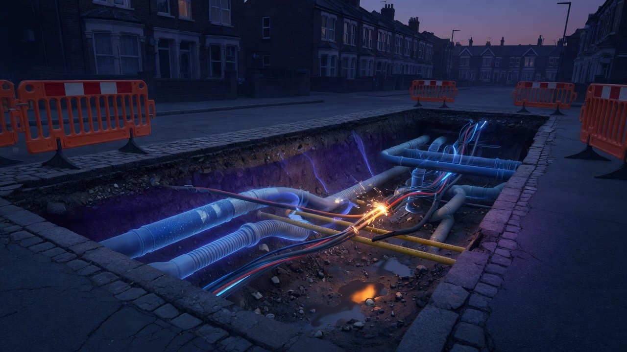 An open excavation at dusk with the buried pipes and cables glowing through the ground, one cable damaged and sparking